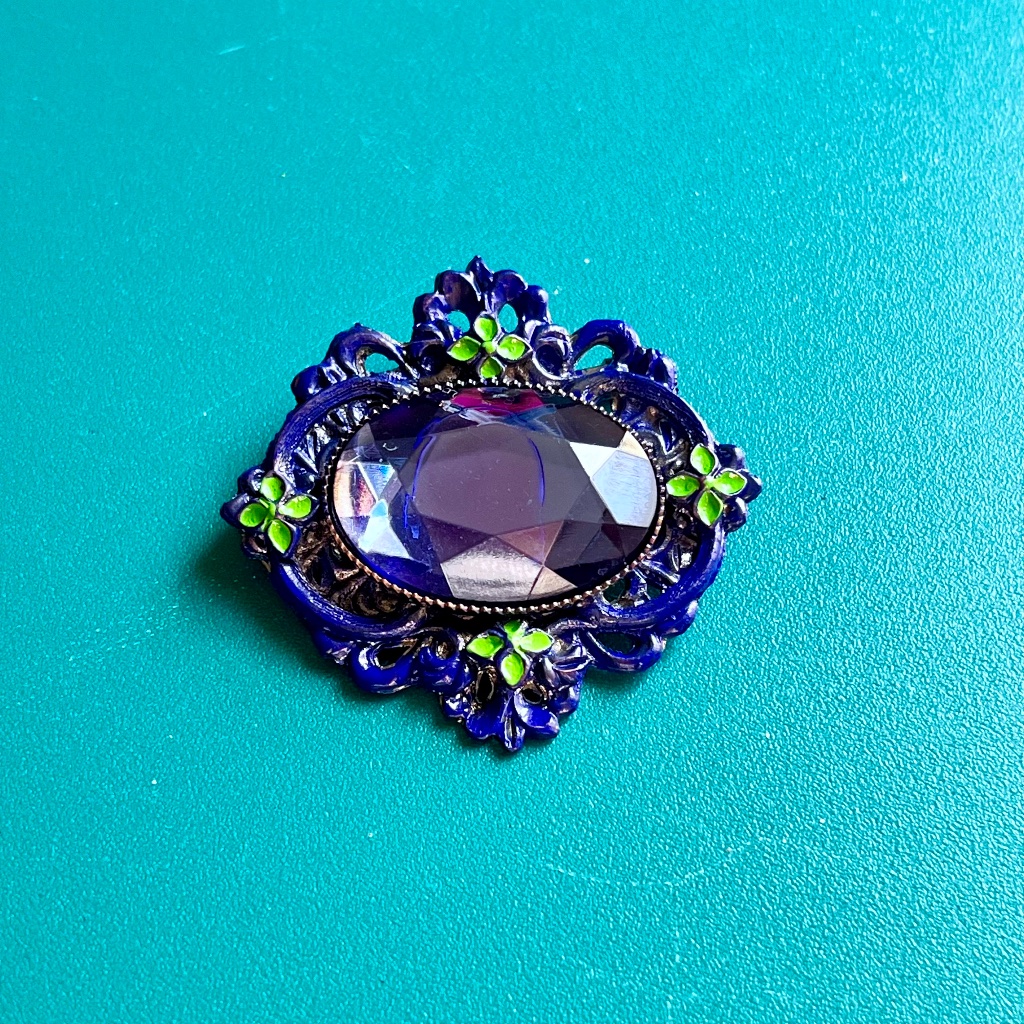 Victorian Blue Stone & Floral Brooch - Blue Rhinestone Flower Pin - Valentine